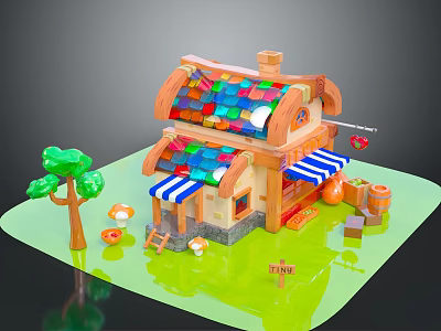Building Blocks Toy House With Colorful Roof Blue White Striped Awning Tree Mushrooms and Pumpkins 3d model