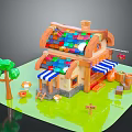 Building Blocks Toy House With Colorful Roof Blue White Striped Awning Tree Mushrooms and Pumpkins