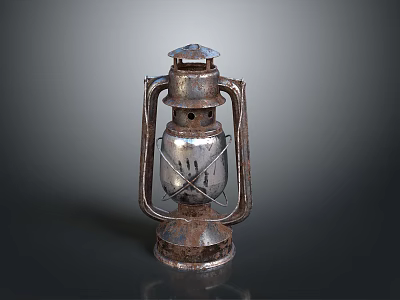 Vintage Old Kerosene Lantern With Rustic Metal Frame And Glass Chimney 3d model