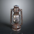 Vintage Old Kerosene Lantern With Rustic Metal Frame And Glass Chimney