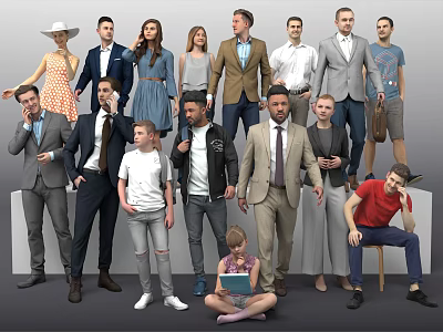 Diverse Group of People in Various Outfits Standing and Sitting Together 3d model