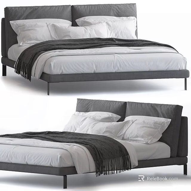 Modern Bed Design With Gray Headboard White Sheets And Dark Blanket 3d model