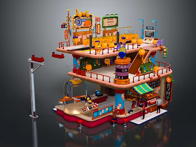 Vibrant Cartoon Scene Featuring Multi Layered Building With Shop Signs And Decorative Elements 3d model