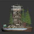 Cartoon Scene of Wooden Watchtower with Green Trees and Truck on Rocky Base