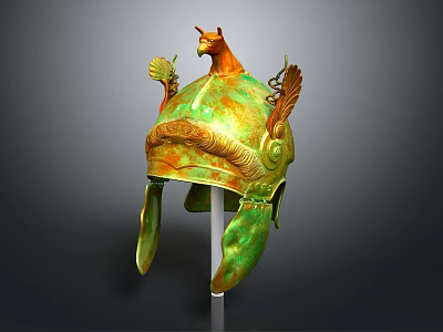 Ancient Bronze Sculpture Helmet With Intricate Carved Animal Figure And Wing Ornaments 3d model