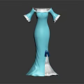 Elegant Blue Flared Sleeve Dress With White Trim And Slit Hem Design