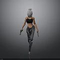 3D Female Character Model With Silver White Short Hair Black Sports Bra And Dual Guns