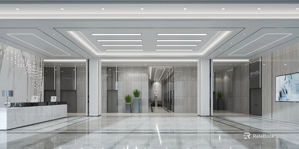 Modern Front Desk Reception Area With Marble Design Recessed Lighting And Potted Plants 3d model 