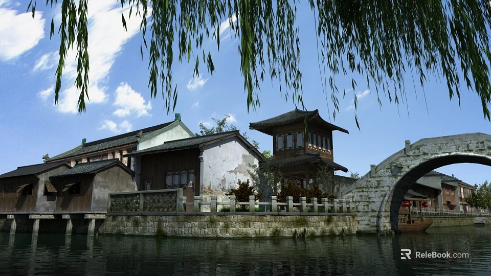 Ancient Chinese Architecture With Stone Arch Bridge Willow Branches And Riverfront Traditional Buildings 3d model 
