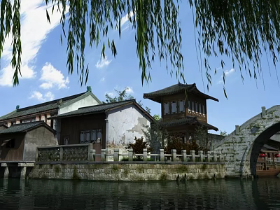 Ancient Chinese Architecture With Stone Arch Bridge Willow Branches And Riverfront Traditional Buildings 3d model