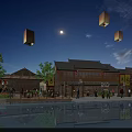 Ancient Architecture Night View With Hanging Lanterns Moon And Water Reflection