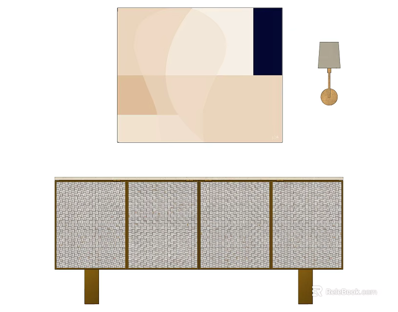 Elegant Entryway Console Cabinet With Lattice Doors Wooden Legs And Abstract Painting Wall Lamp 3d model 