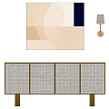 Elegant Entryway Console Cabinet With Lattice Doors Wooden Legs And Abstract Painting Wall Lamp