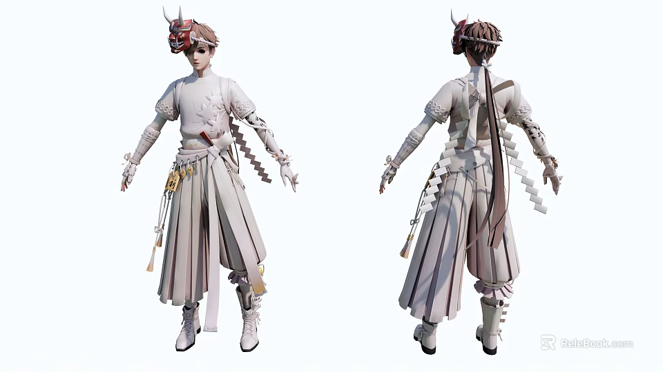 Game Anime Character Design With White Costume Horned Headpiece And Long Hair 3d model 