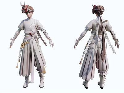 Game Anime Character Design With White Costume Horned Headpiece And Long Hair 3d model