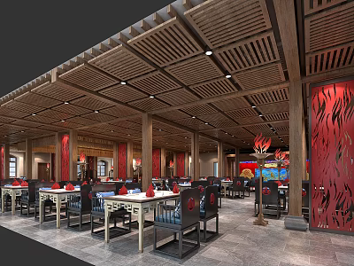 Chinese Style Restaurant Interior With Wooden Ceiling Red Decorations Tables And Chairs 3d model