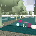 Vibrant Plaza Landscape With Lined Trees Colorful Balloons Water Pool And People Strolling