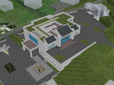 Traditional Style Building Complex With Helicopter And Military Vehicles On Courtyard 3d model