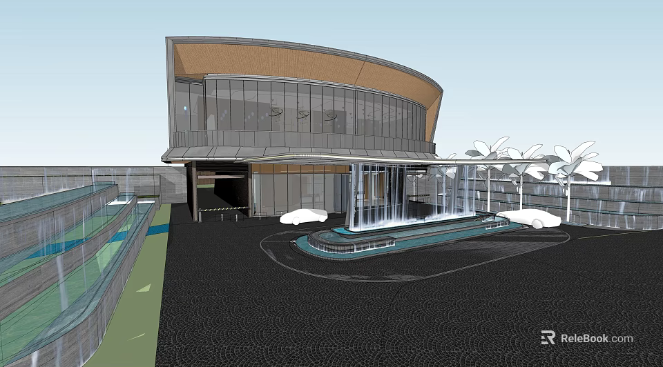 Modern Sales Office Building With Curved Roof Glass Curtain Wall And Entrance Water Feature 3d model 