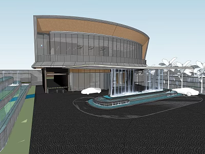 Modern Sales Office Building With Curved Roof Glass Curtain Wall And Entrance Water Feature 3d model