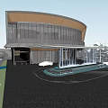 Modern Sales Office Building With Curved Roof Glass Curtain Wall And Entrance Water Feature