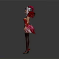 Game and Movie Character in Red and Gold Feather Decorated Outfit with Headdress and Stockings