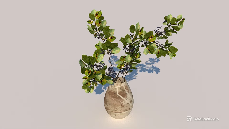 Marble Textured Vase With Green Leaves And Purple Berries For Home Decor 3d model 