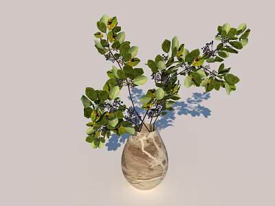 Marble Textured Vase With Green Leaves And Purple Berries For Home Decor 3d model