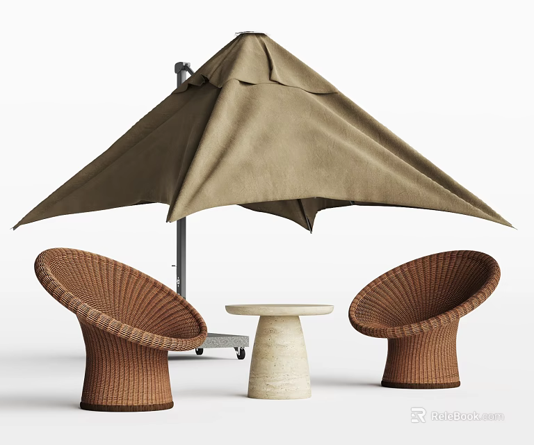 Two Wicker Outdoor Lounge Chairs With Small Round Table And Tan Umbrella 3d model 