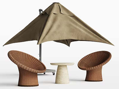 Two Wicker Outdoor Lounge Chairs With Small Round Table And Tan Umbrella 3d model