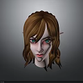 Elf Ears Green Eyes and Curly Brown Hair on 3D Head Model with Pink Skin