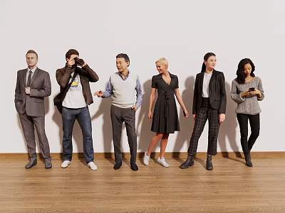 Group of people standing together in different clothing styles against white wall and wooden floor 3d model