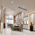 Elegant Modern Living Dining Room Interior With Beige Sofa Blue Pillows And Abstract Wall Art