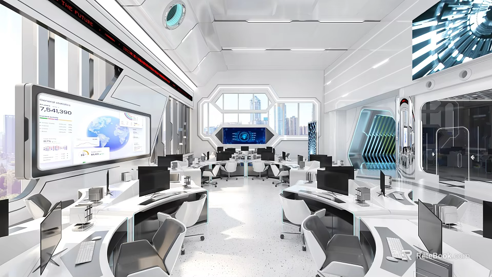 Modern Monitoring Room With High Tech Workstations And Screens 3d model 