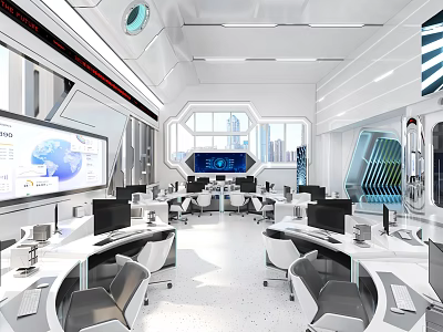 Modern Monitoring Room With High Tech Workstations And Screens 3d model