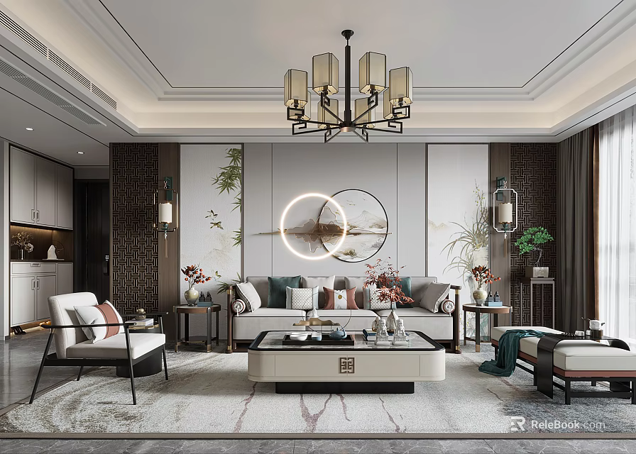 Modern Chinese Living Room With Chandelier Circular Decorative Painting Green Plants Sofa And Coffee Table 3d model 