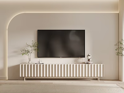 White Ribbed TV Stand with Flat Screen TV and Small Plants in Arched Living Room 3d model