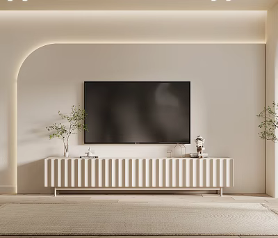 White Ribbed TV Stand with Flat Screen TV and Small Plants in Arched Living Room 3d model