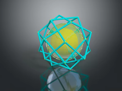 Green Geometric Frame Enclosing Yellow Sphere on Dark Reflective Background 3d model