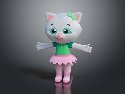 Cute Cartoon Cat Character With Pink Bow Green Top Pink Skirt And Pink Shoes 3d model