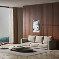 Modern Minimalist Beige Sofa And Round Coffee Table Set With Wooden Wall Decor