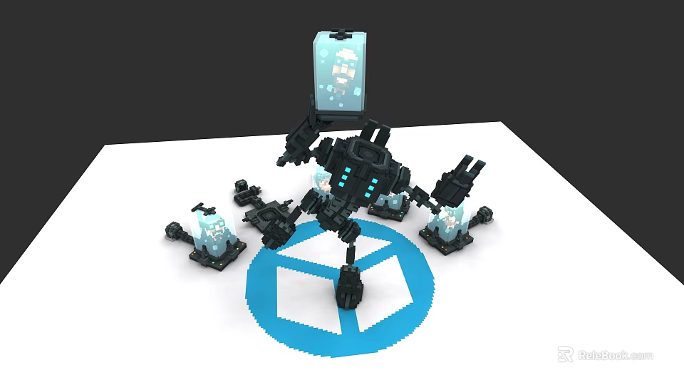 Black Mechanical Game Movie Character With Small Transparent Robots And Blue Hexagonal Logo 3d model 