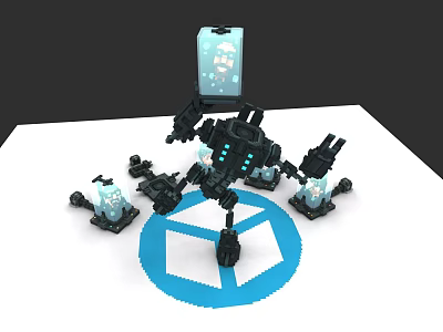 Black Mechanical Game Movie Character With Small Transparent Robots And Blue Hexagonal Logo 3d model