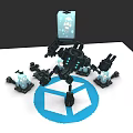 Black Mechanical Game Movie Character With Small Transparent Robots And Blue Hexagonal Logo