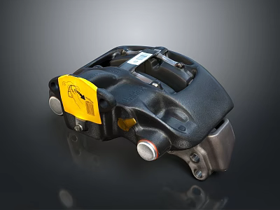 Airliner Brake Caliper Component With Black Housing And Yellow Label 3d model