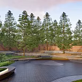 Scenic Urban Park Landscape With Curved Benches Tall Trees And Patterned Paved Ground