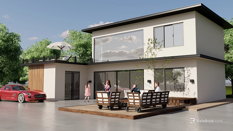 Modern Single Family House with Large Windows Outdoor Patio and People Gathering at Dining Set 3d model 