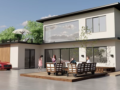 Modern Single Family House with Large Windows Outdoor Patio and People Gathering at Dining Set 3d model