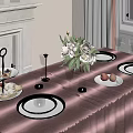 Stylish Dining Table Setting With Pink Tablecloth Fresh Flowers Candles And Desserts