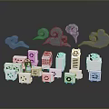Various White Electronic Appliances Arranged With Decorative Clouds And Small Figurine